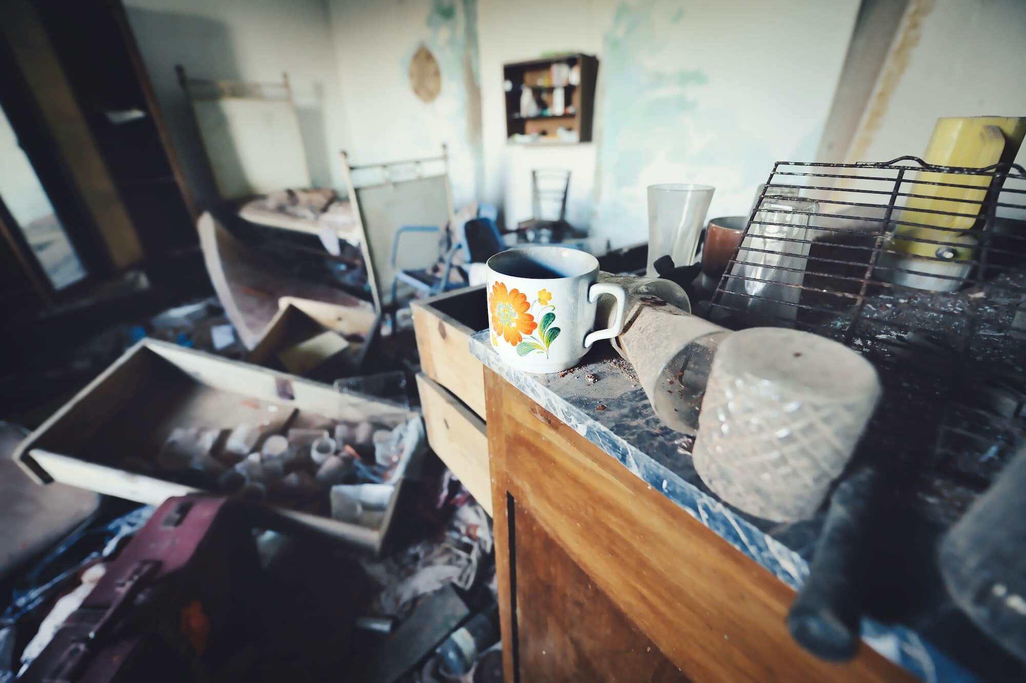 Selective focus shot of old abandoned messy house